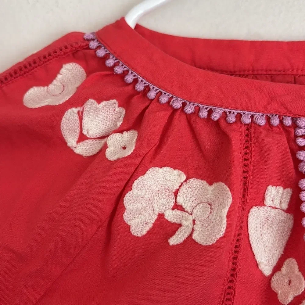 Boden mini girls Red/coral Embellished  embroidered Pom Pom 3/4 Sleeve dress 8/9